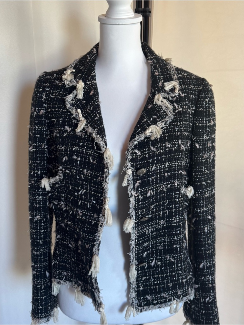Vintage Chanel Black & ecru Tweed Fringed Jacket